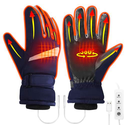 USB Guantes Calefactables, 3 Guantes Pantalla táctil de Temperatura Ajustable Impermeables Guantes Invierno Guantes Eléctricos Calefactables con Dedos Completos para Ciclismo Senderismo paseo (azul)