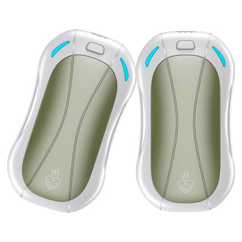 FANDLISS 2Packs Calentador de Manos Recargables, 3 Niveles de Calefacción Calienta Manos Reutilizable,Calienta Manos Eléctrico de Bolsillo 5200mAh Diseñado para Senderismo,Viajes,Camping-Blanco Verde